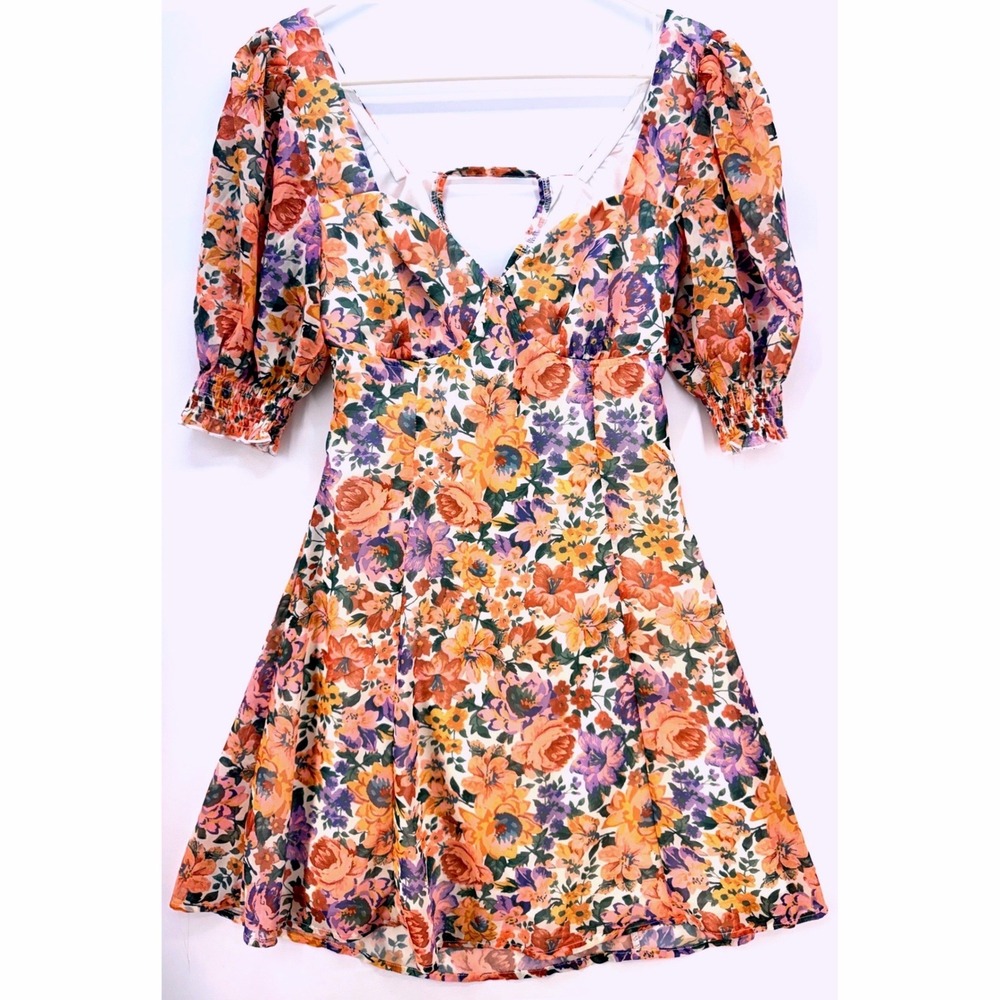Showpo Floral Puff Sleeve Cut Out Mini Dress Sz US 2 Garden Party Euro Summer